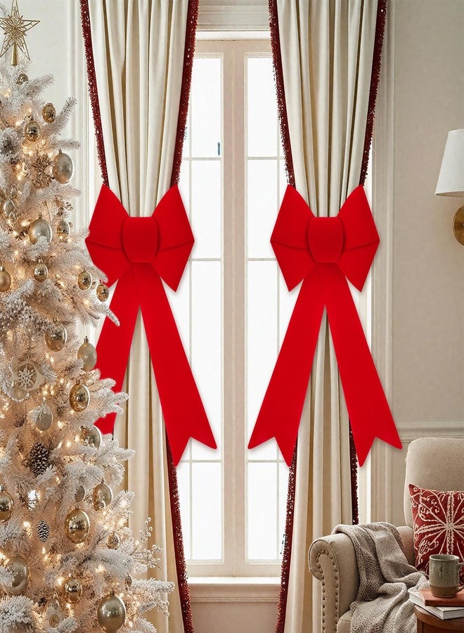Solsew Christmas Decorations 2 Pcs 16'' Large Velvet Bow Curtain Tiebacks Bow Drapery Holdbacks Tie Rope for Holiday Christmas Indoor Home Decor, Burgundy Red - Image 1